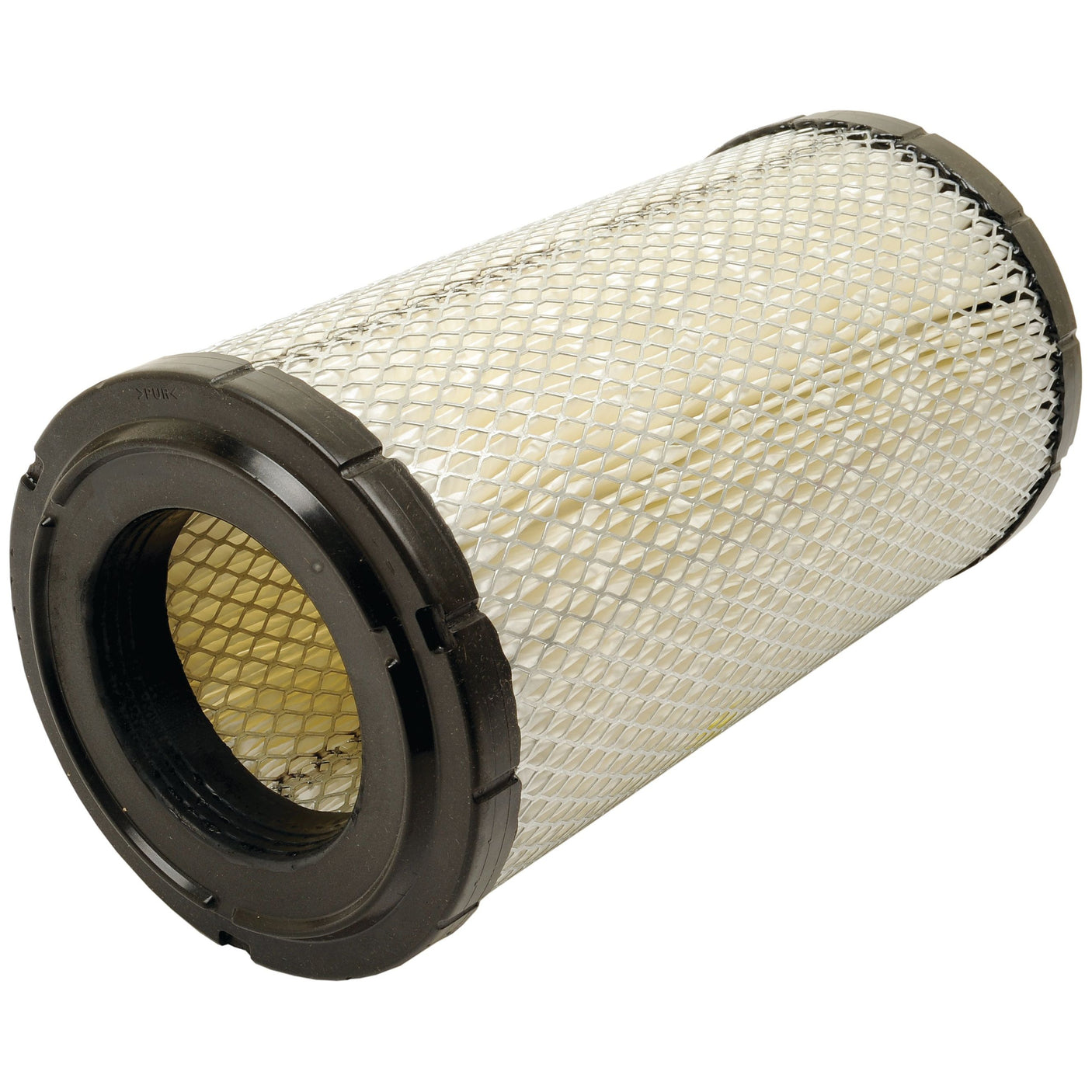 The Sparex Air Filter - Outer (AF55728 | Sparex Part No. S.109579) is a cylindrical air filter featuring a metal mesh outer layer and black plastic end caps, designed for optimal air filtration in various machinery and John Deere automotive engines.