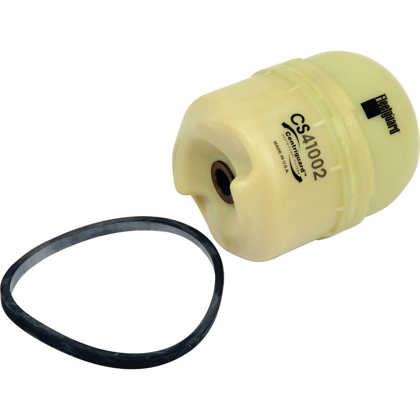 A yellow Fleetguard Centrifugal Filter system motor oil filter, labeled "CS41002" with a black rubber O-ring next to it and compatible with Sparex Part No.S.109582.