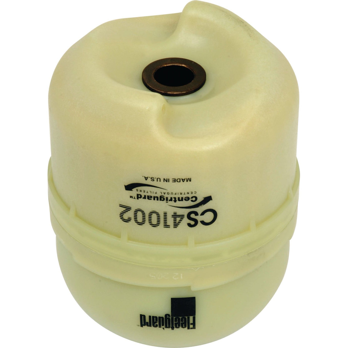 A yellowish cylindrical component labeled "Fleetguard Centrifugal Filter CS41002 - Centrifugal | Sparex Part No.S.109582" and "Made in U.S.A," featuring a central brown circular hole at the top, compatible with AGCO DT180AL.