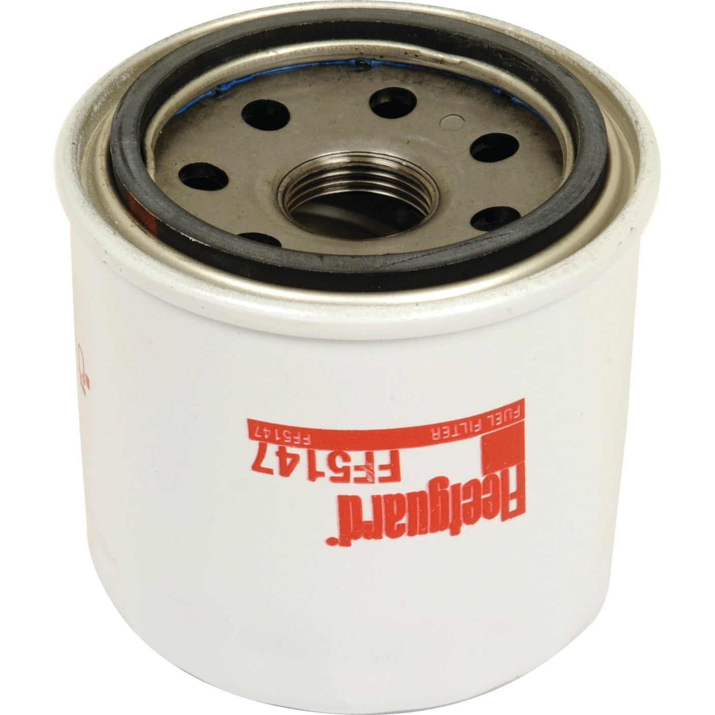 A white fuel filter with a metallic top and several holes, labeled "Fuel Filter - Spin On - FF5147" by Sparex (Part No. S.109586), offering an optimal micron rating of 20 for superior filtration.