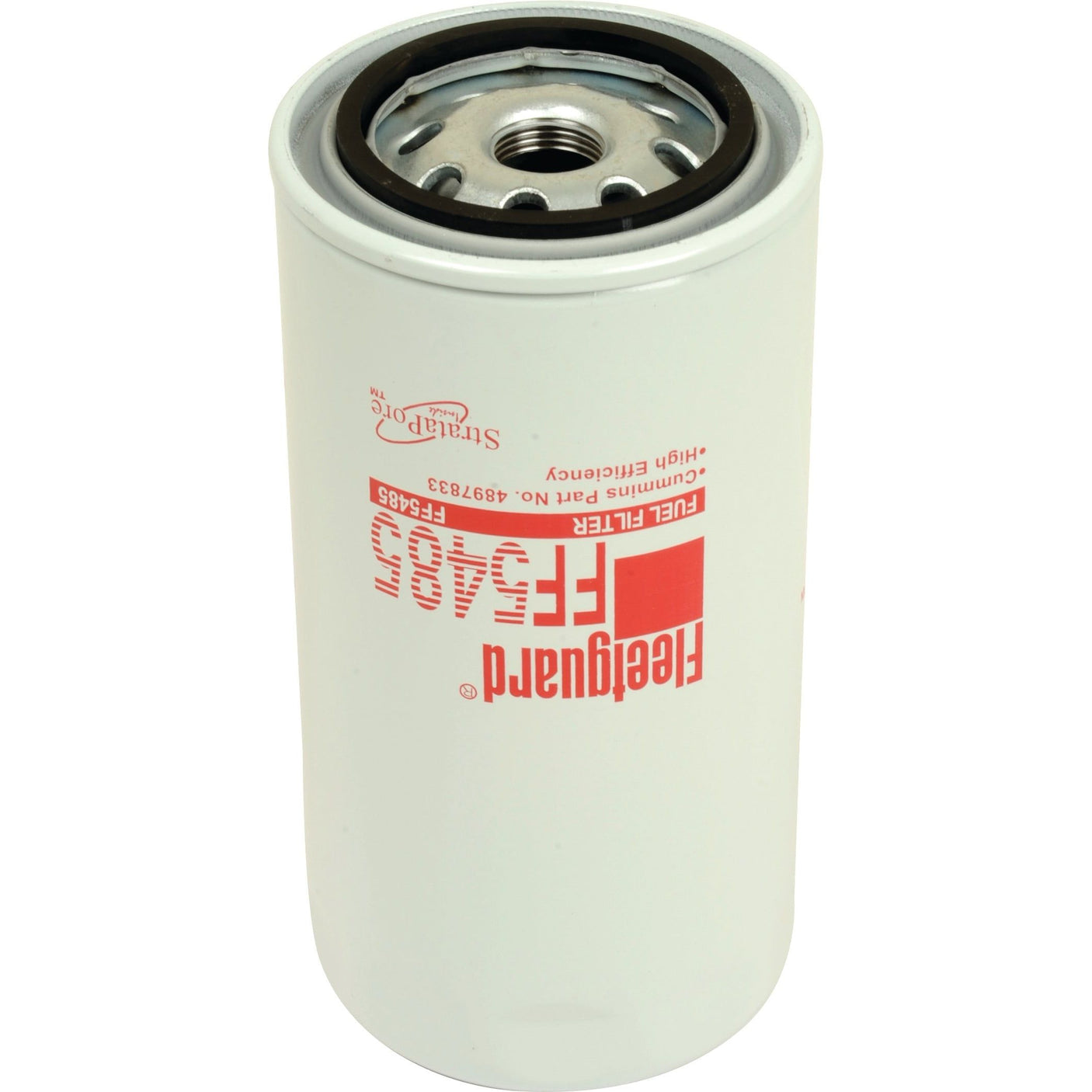 The Sparex S.109587 spin-on fuel filter, featuring a cylindrical design with a white exterior, metal top, and red text labeling, is ideal for JCB FASTRAC applications and includes Cummins part number references.