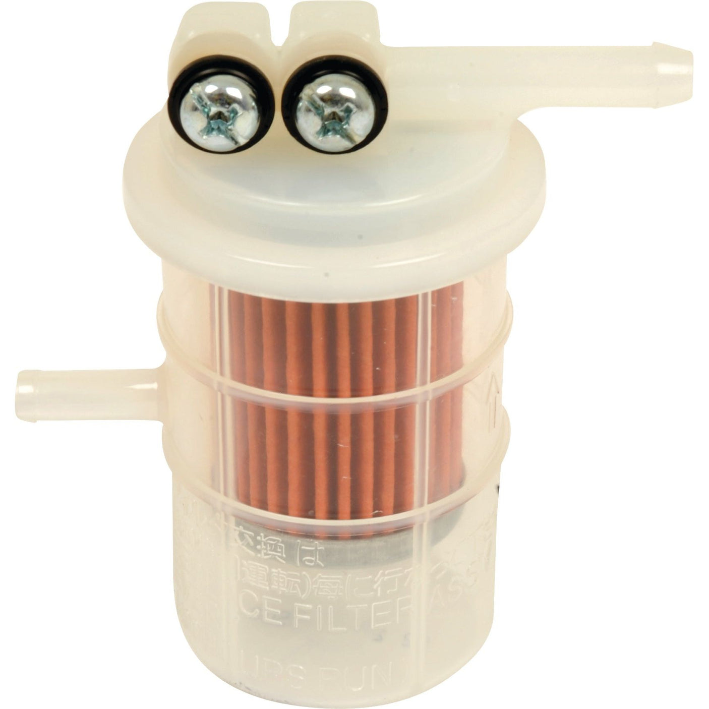 Close-up of a transparent cylindrical Sparex Fuel Filter - In Line - FF5711 (Sparex Part No. S.109590) with visible internal red components and two metal screws on the top.