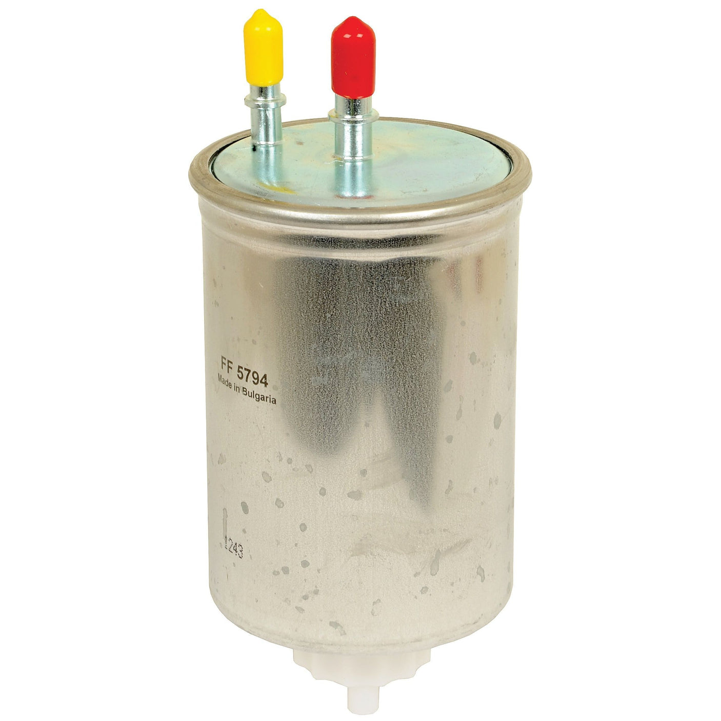 A cylindrical automotive fuel filter featuring two connectors at the top, one yellow and one red, branded Sparex and labeled with Sparex Part No. S.109593 and Fleetguard FF5794, made in Bulgaria; ideal for JCB 3CX machinery.