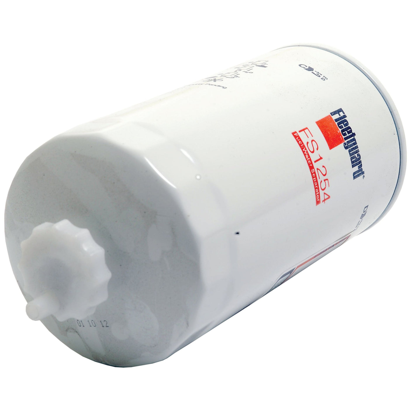 Image of a Sparex Fuel Separator - Spin On - FS1254 (Sparex Part No. S.109596) featuring a white cylindrical body with text and branding in blue and red. The efficient fuel separator is positioned at a slight angle.