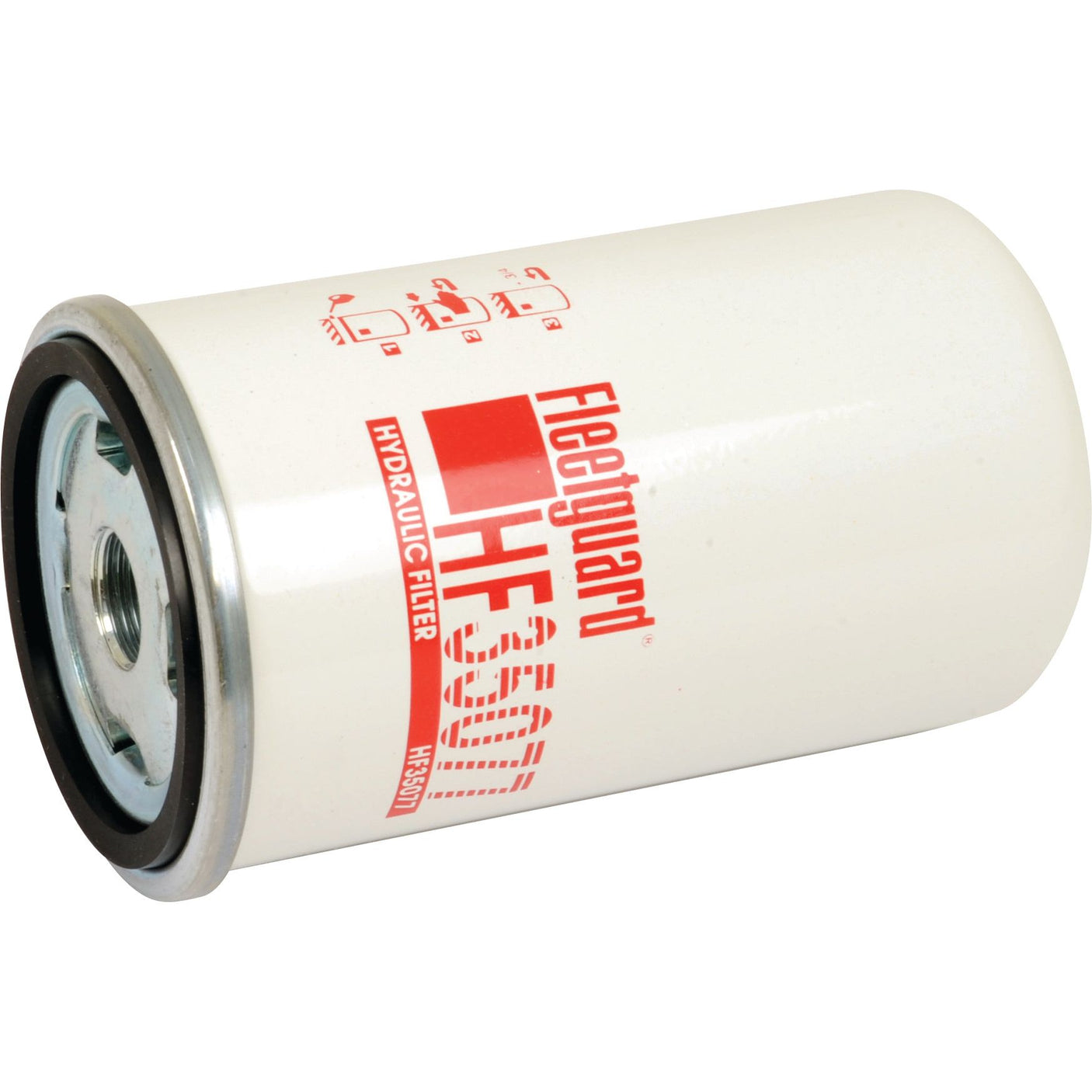 A white Sparex Hydraulic Filter - Spin On - HF35077 (Sparex Part No. S.109602) with red labeling, a metallic base, and a thread size of 3/4'', designed for efficient fluid filtration in hydraulic systems.