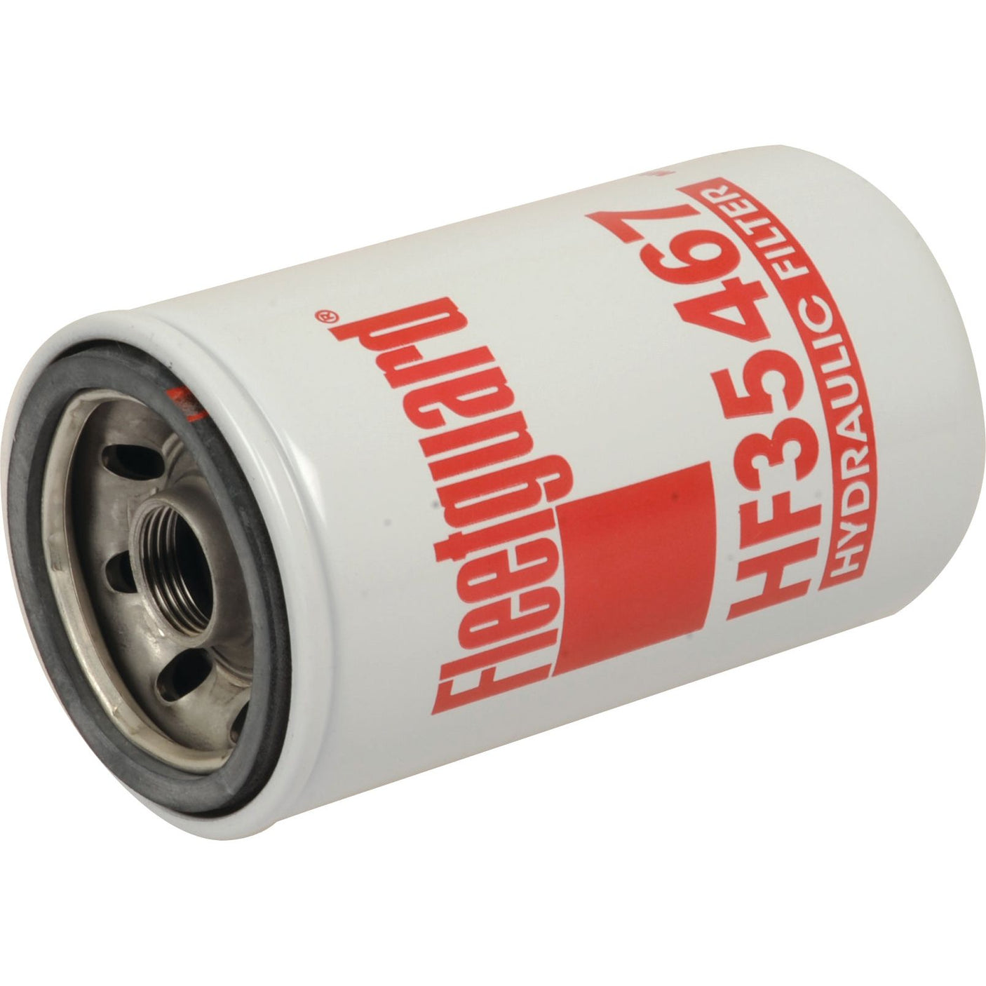 The Sparex Hydraulic Filter - Spin On - HF35467 (Sparex Part No. S.109606) is a white cylindrical filter with red text and a sturdy metal base, designed to offer reliable performance.