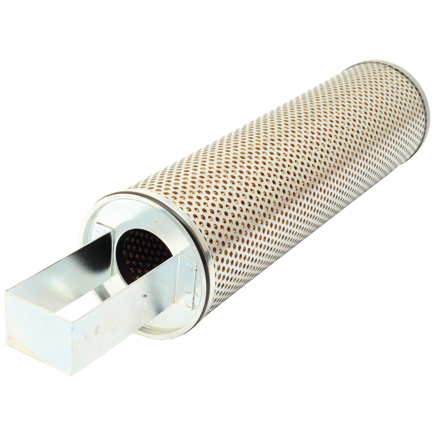 The Sparex Hydraulic Filter Element, HF35483 (Sparex Part No. S.109607), is a cylindrical metal air filter featuring a perforated surface and a rectangular attachment on one end, perfect for use as a Fleetguard hydraulic filter.