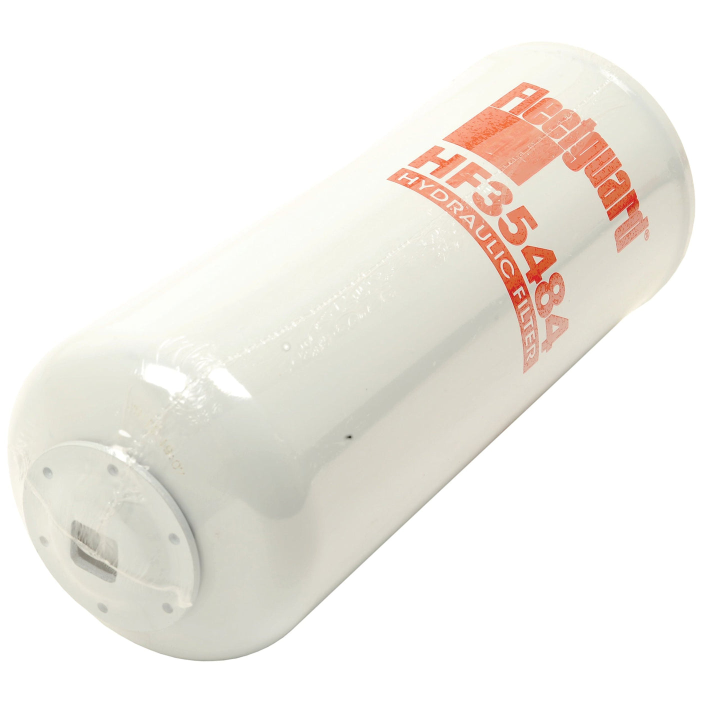 A white Sparex HF35484 hydraulic filter with red text lies horizontally on a white background, perfect for John Deere machinery.