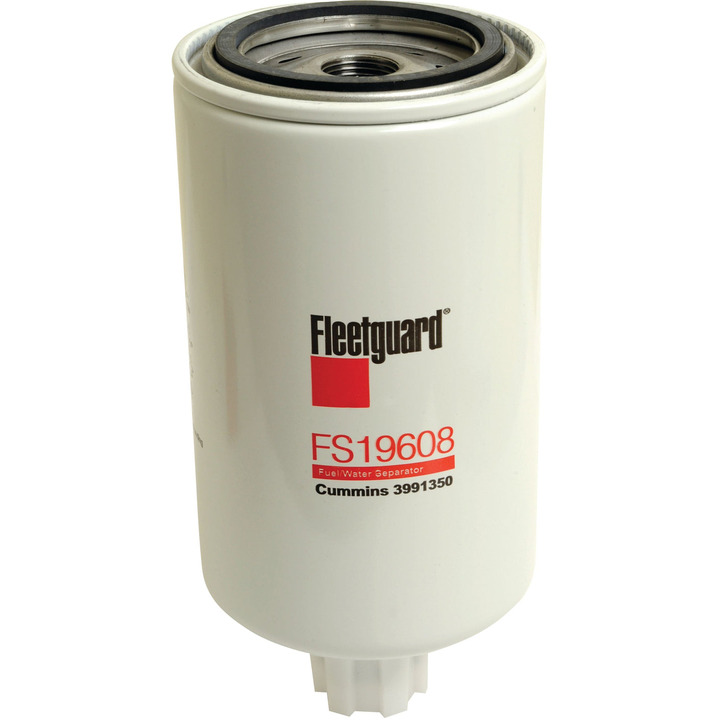 A white cylindrical Fuel Separator - Spin On - FS19608 filter from Sparex, with a Cummins part number 3991350 printed in red text on the label.