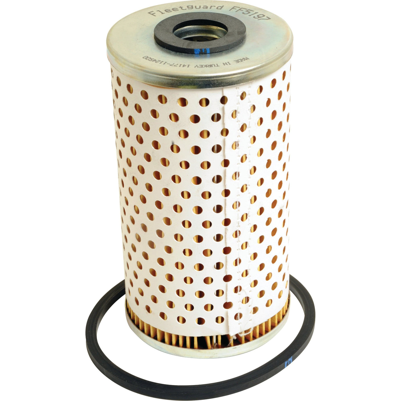 A cylindrical, perforated metal fuel filter with a rubber gasket placed beside it. The top displays the text "Fleetguard FF5197." This high-quality Sparex Fuel Filter - Element - FF5197 (Sparex Part No. S.109635) is Zetor compatible, ensuring efficient performance for your equipment.