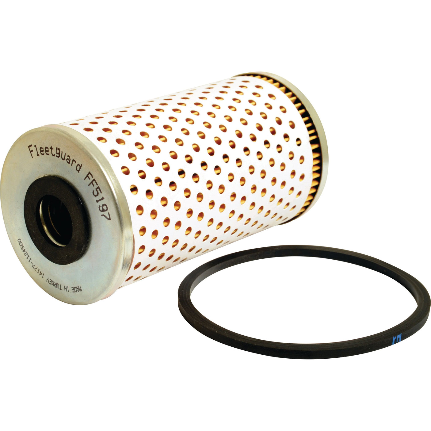 A cylindrical fuel filter with a perforated metal casing, labeled 'Fleetguard FF5197' on top and an accompanying rubber O-ring gasket. This Zetor-compatible fuel filter element, sold under Sparex Part No. S.109635 from the Sparex brand, ensures optimal performance for your machinery.