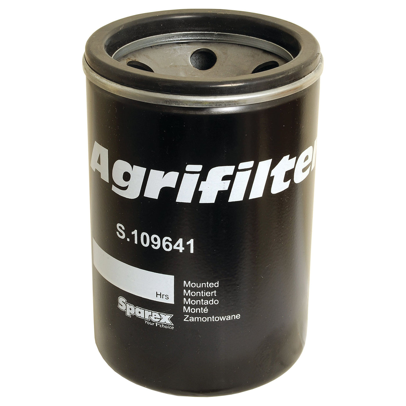 Close-up of a black cylindrical oil filter with "Sparex," "Oil Filter - Spin On | Sparex Part No. S.109641," and John Deere compatibility printed in white, along with installation instructions in multiple languages.