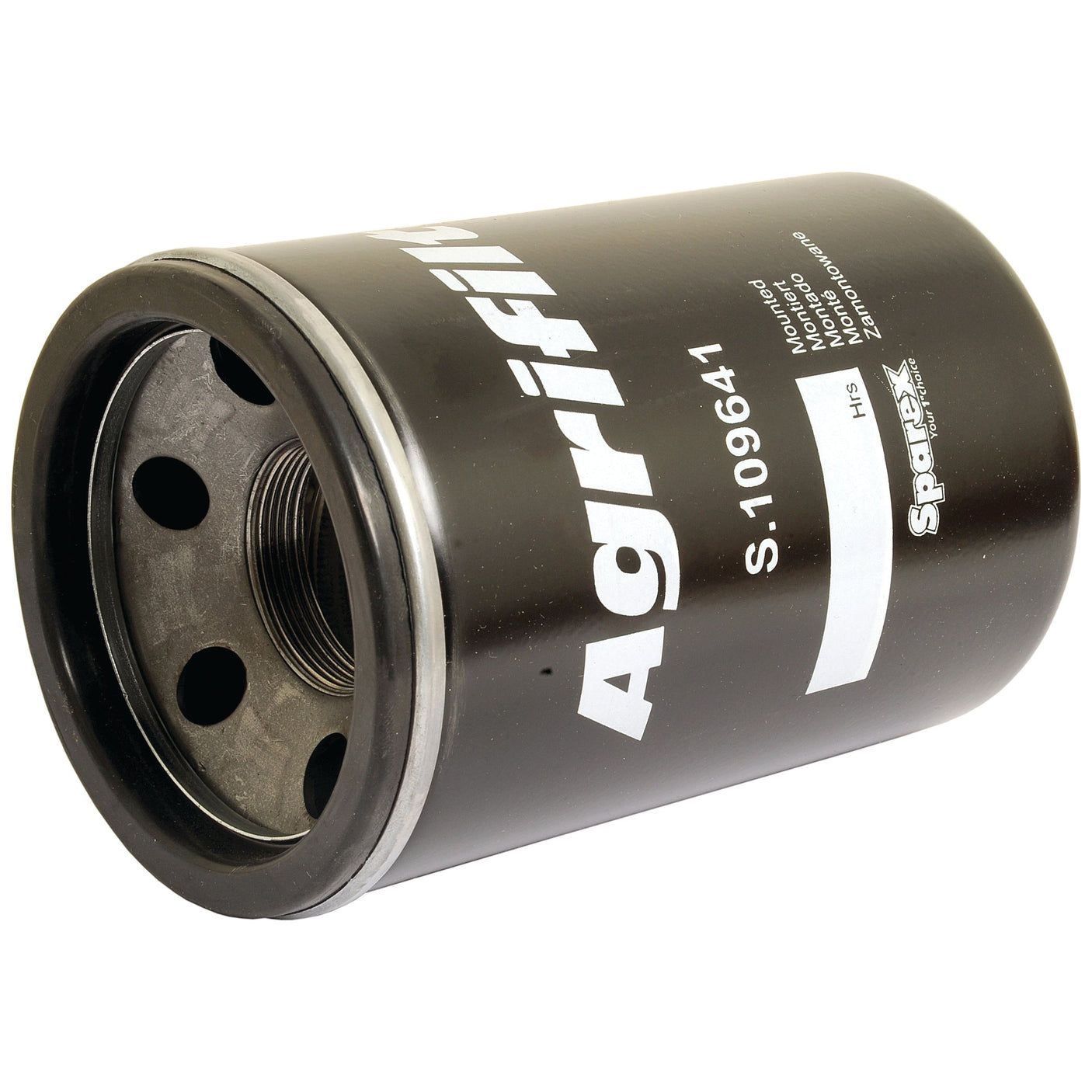 A black cylindrical oil filter with white text displaying "Sparex S.109641" and "Sparex" brand, featuring a threaded opening on one end. This Sparex Spin On Oil Filter ensures dependable performance for John Deere machinery.