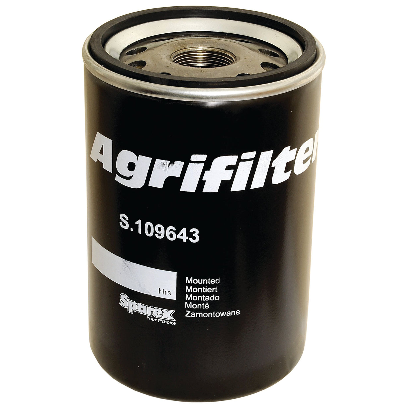 A black cylindrical hydraulic filter branded by Sparex and labeled with "S.109643," featuring "Mounted" in multiple languages, offers a convenient spin-on design for easy replacement.