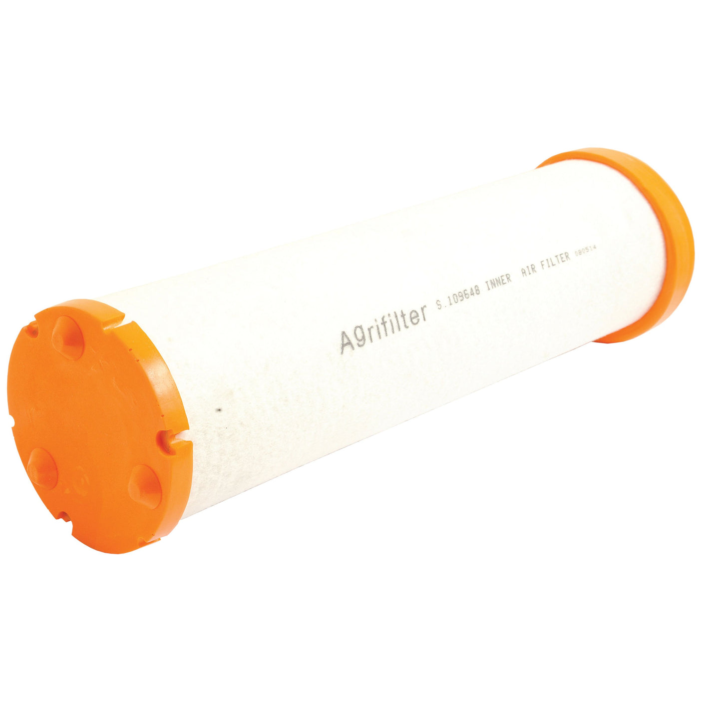 The Air Filter - Inner by Sparex, part number S.109648, is a cylindrical white and orange agricultural filter with "Agrifilter" and "S.109648 INNEX RIP FILTER" printed on its body. This essential air filter is suitable for Case IH machinery.