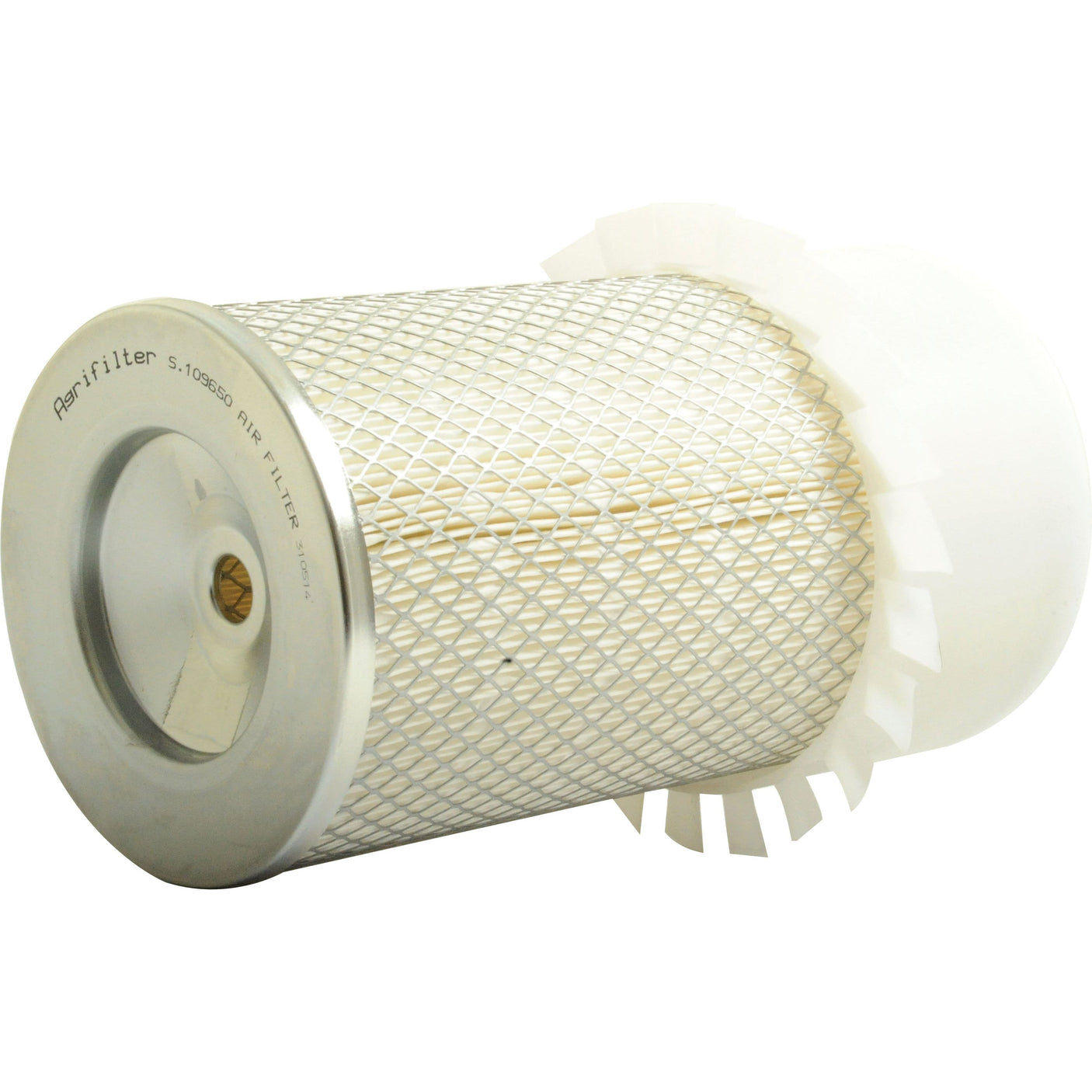 A cylindrical Sparex Air Filter - Outer (Sparex Part No. S.109650) featuring a white mesh exterior, metallic ends, and partially encased in white plastic components.