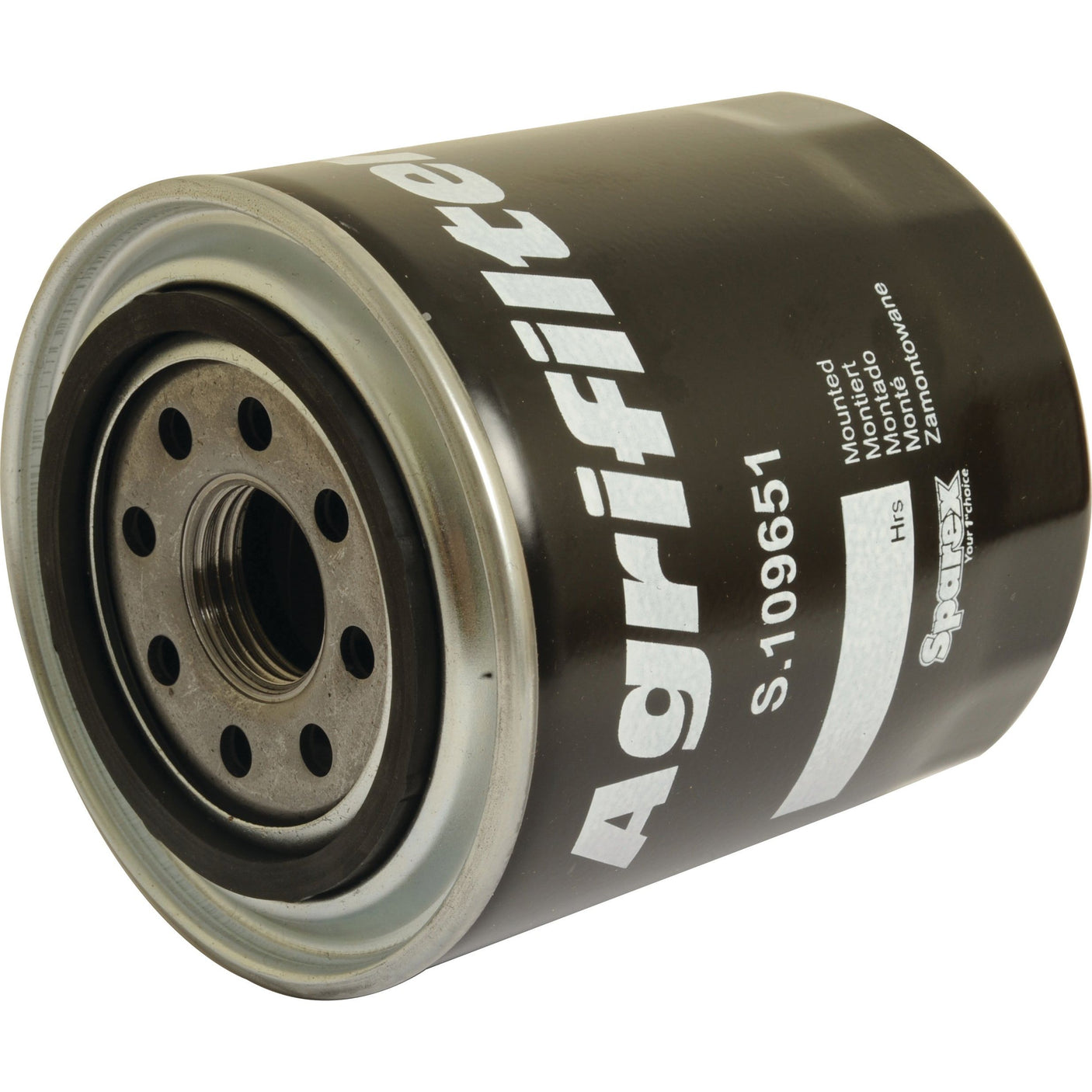 A close-up of the Oil Filter - Spin On (Sparex Part No. S.109651) featuring a sleek black exterior with detailed white text, designed for compatibility with Case IH machinery.