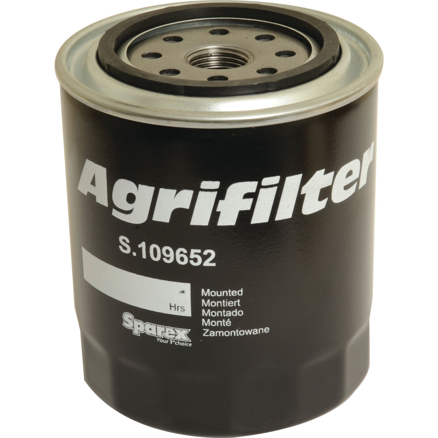 A close-up of a black Oil Filter - Spin On labeled "Sparex Part No.S.109652" by Sparex. Designed specifically for agricultural machinery, this oil filter is ideal for a Case IH Tractor.