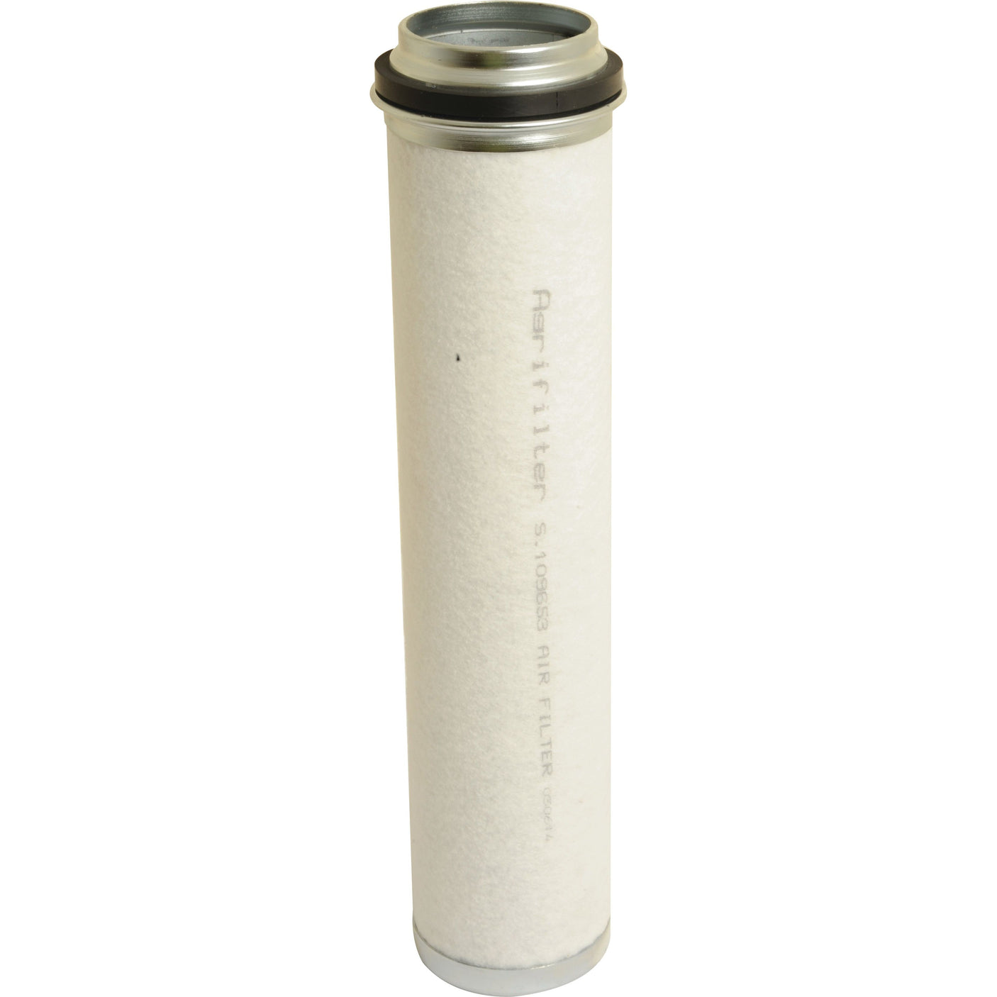 The Sparex Air Filter - Inner (Part No. S.109653) features a cylindrical design with metal end caps and a white filter medium, making it suitable for Deutz-Fahr machinery. Some text marked on the filter is partially visible.