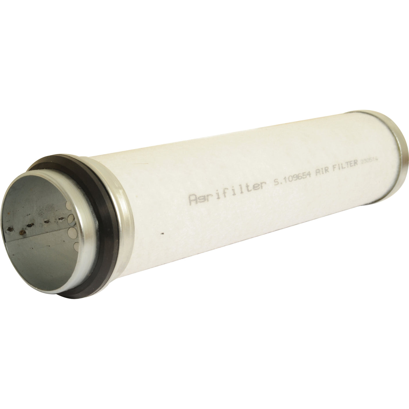 A cylindrical air filter with metallic end caps and a white pleated body, labeled "Air Filter - Inner | Sparex Part No. S.109654" on the surface.