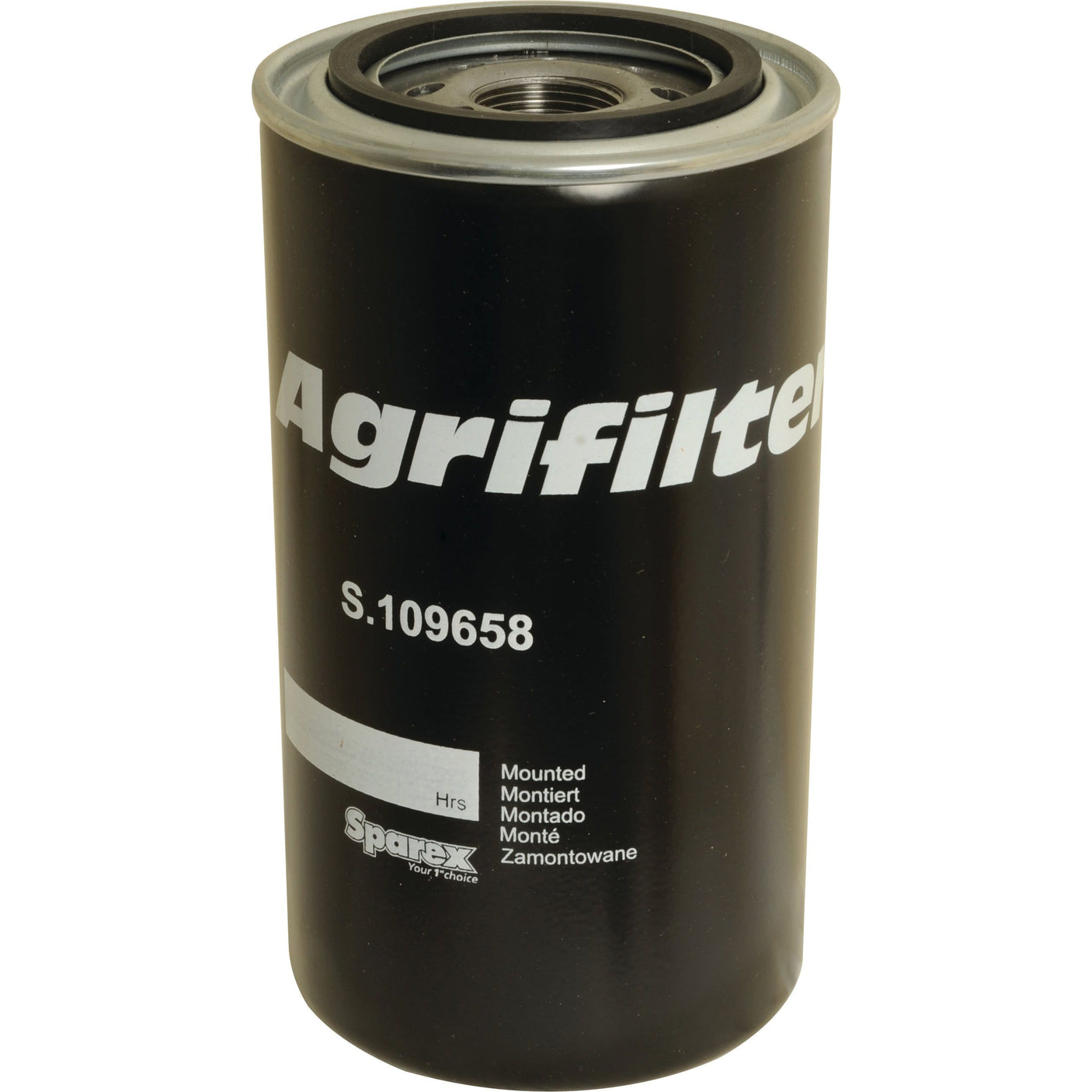 Image of a black cylindrical spin-on oil filter labeled "Sparex S.109658" and "Sparex For Tractors," indicating it's a mounted filter for tractors, compatible with Case IH models.