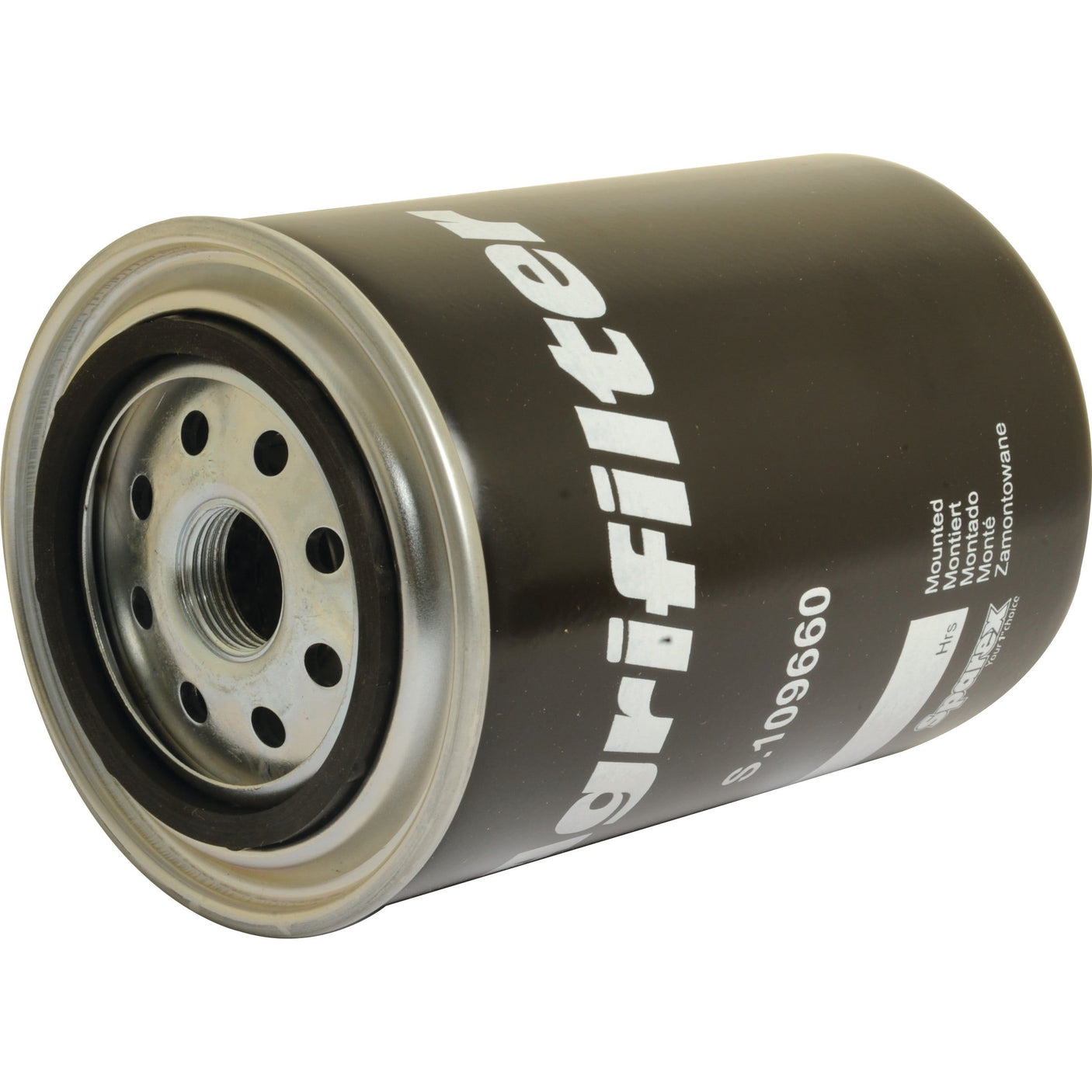 A cylindrical black oil filter branded "Sparex" in white, featuring multiple holes on the top and displaying the bottom part of the product code "S.109660", ideal for Case IH tractors.