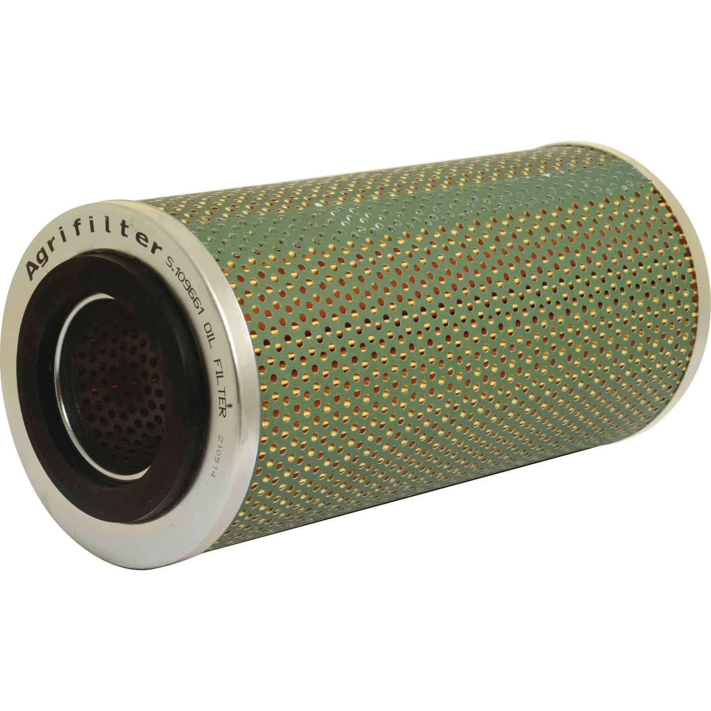 A cylindrical oil filter element with a perforated green exterior, labeled "Sparex Agrifilter" on one end, and compatible with the Claas Jaguar is available as Sparex Part No. S.109661.