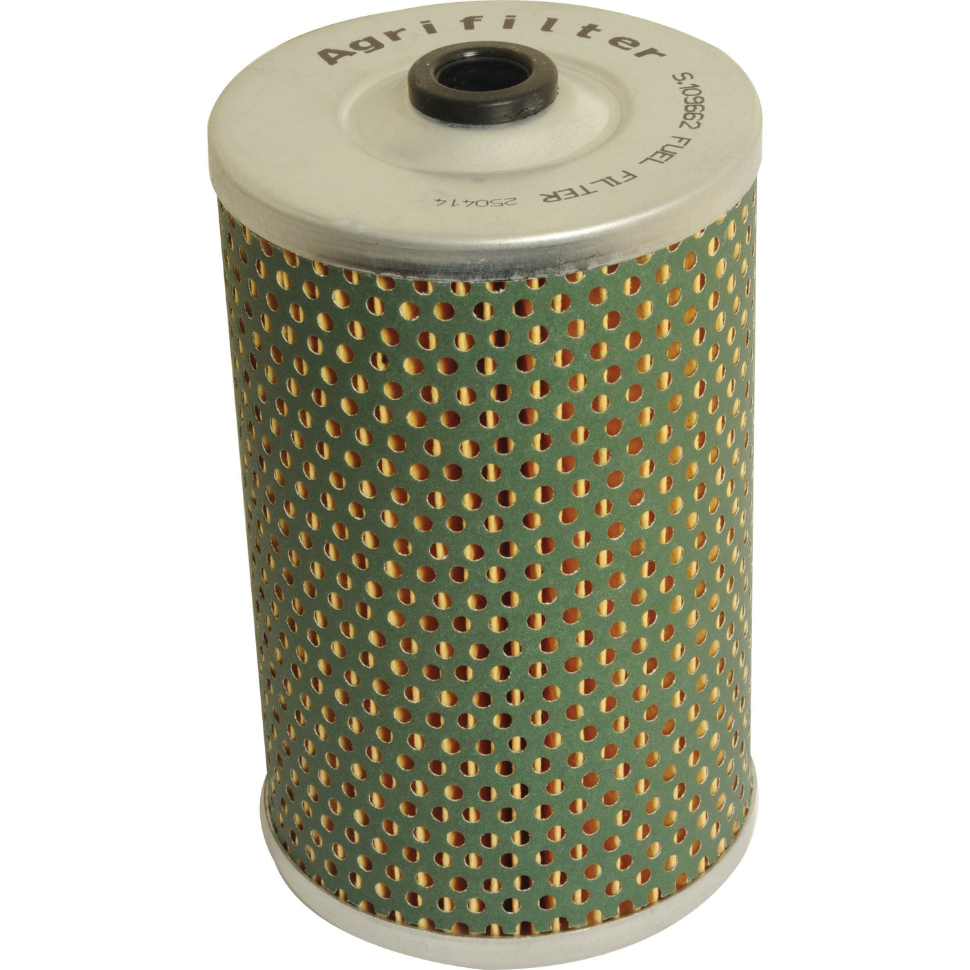 A cylindrical agricultural filter with a perforated metal casing, proudly featuring the word "Sparex" printed on the top edge, ensures optimal performance. This is the Fuel Filter - Element | Sparex Part No.S.109662.