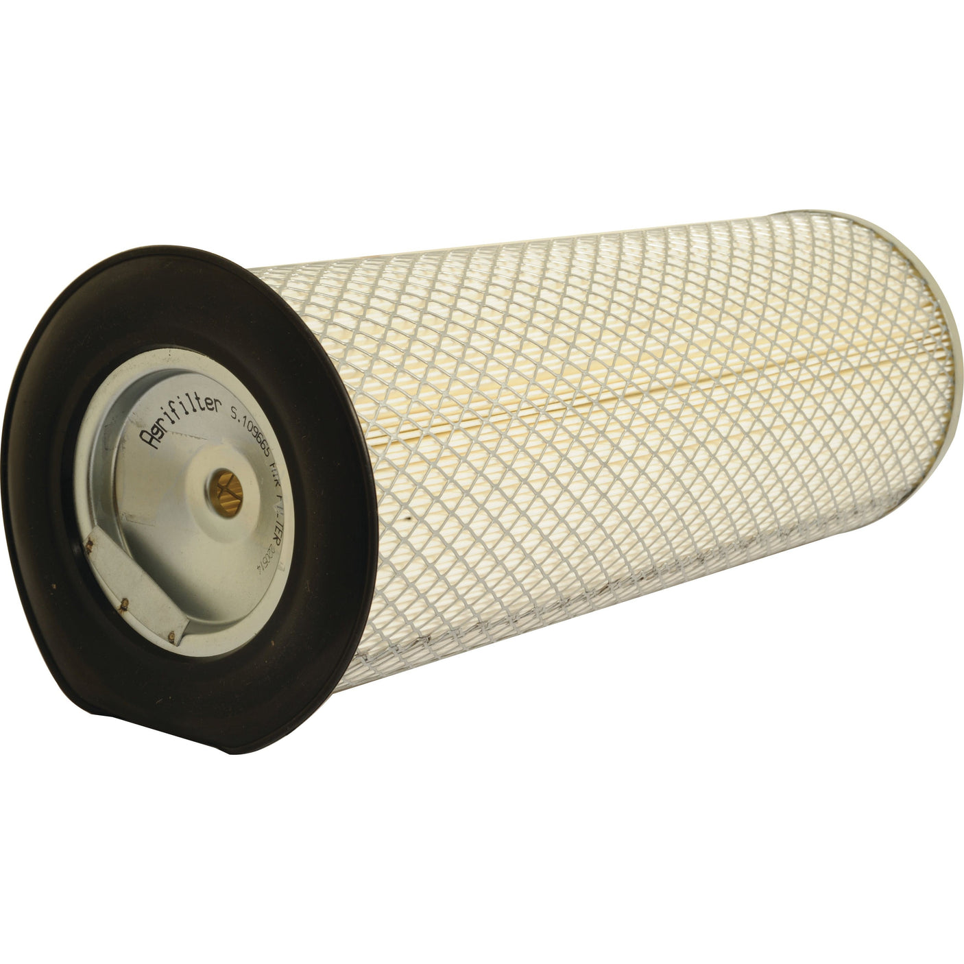 The Air Filter - Outer (Sparex Part No. S.109665) is a cylindrical air filter from Sparex, featuring a metal mesh body and rubber ends, with one end having a central metal attachment point. It is perfectly designed for Ford New Holland Tractors.