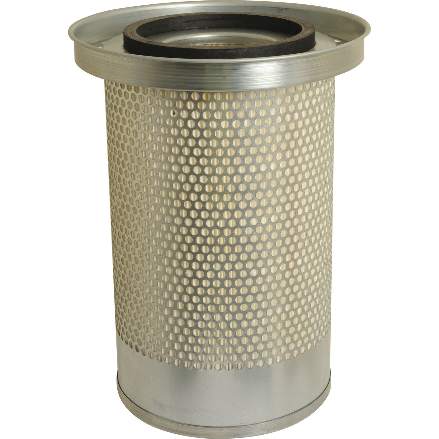 An outer air filter in cylindrical shape with a perforated exterior and an inner black gasket, compatible with John Deere machinery. This product is known as the Air Filter - Outer by Sparex, part number S.109666.