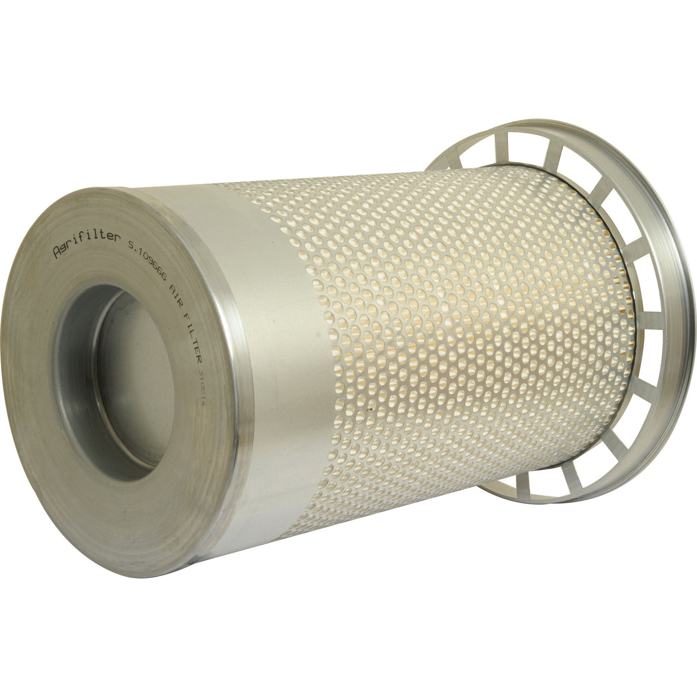 An Air Filter - Outer (Sparex Part No. S.109666) by Sparex featuring a cylindrical shape, perforated metal exterior, and flat base that is compatible with John Deere machinery.