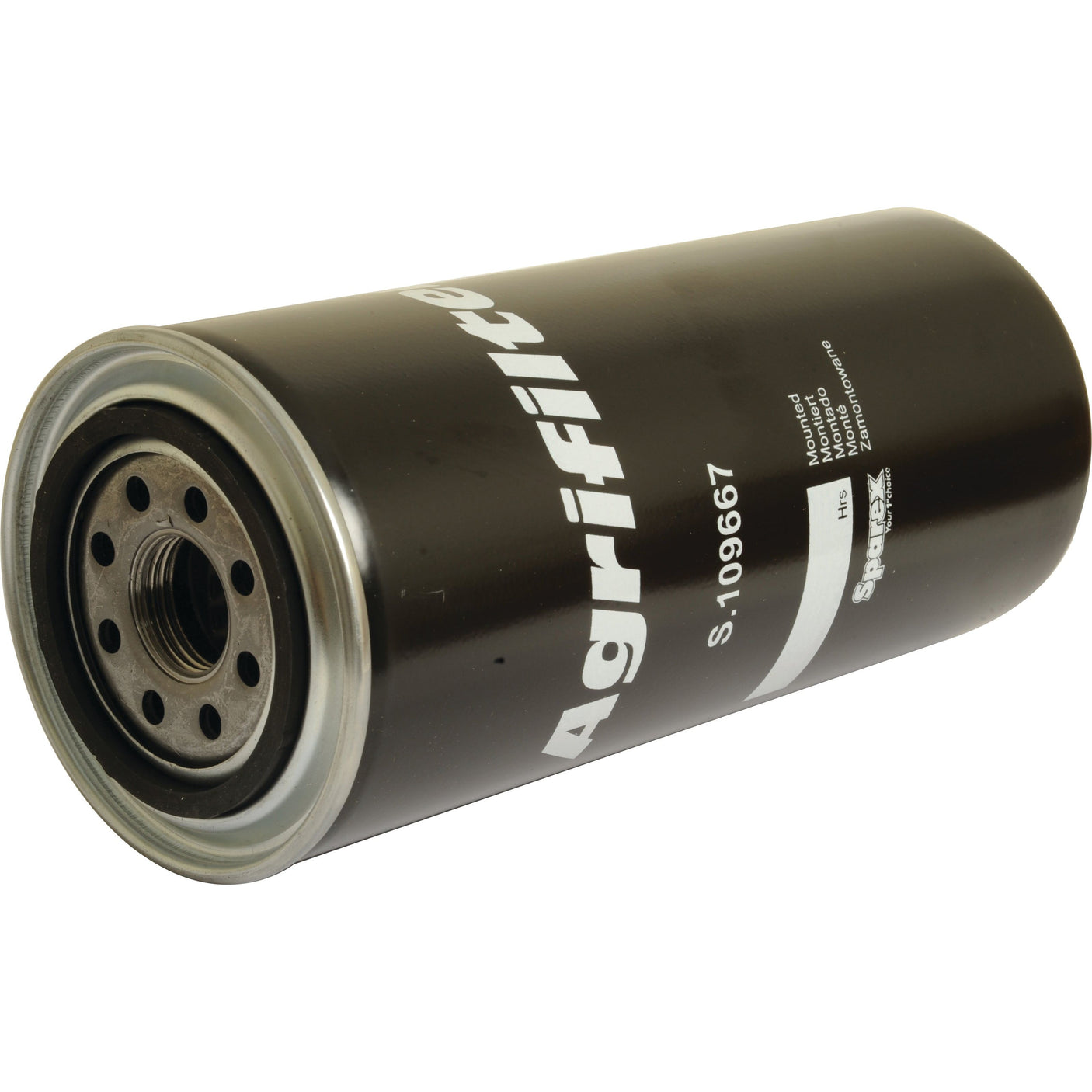 A black cylindrical spin-on hydraulic filter with "Sparex Agrifilter" and the model number S.109667 printed on the side in white text.