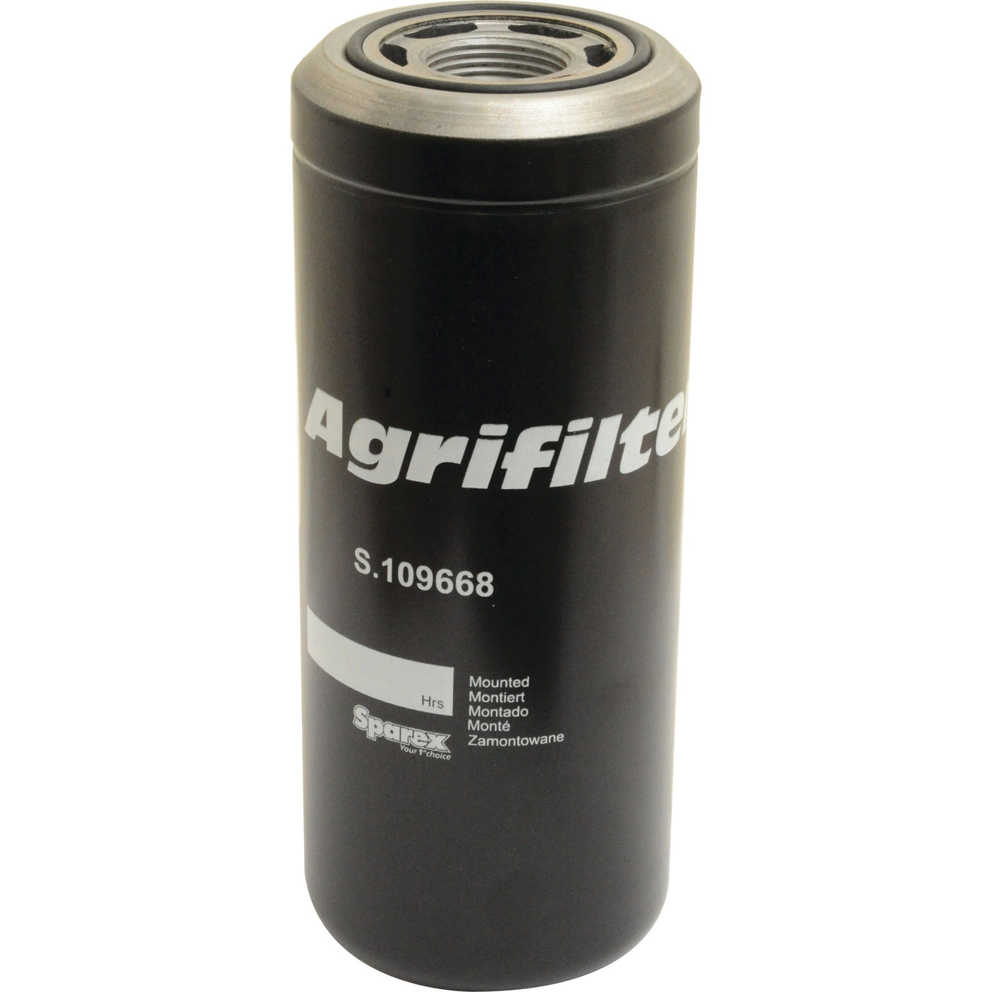 Cylinder-shaped black hydraulic filter with "Sparex" and "S.109668" printed on the side, designed for agricultural machinery. This Spin On hydraulic filter is compatible with Ford New Holland for ease of use.