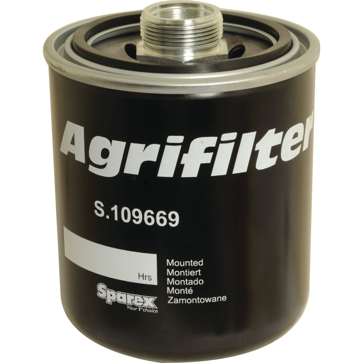 A black Hydraulic Filter - Spin On (Sparex Part No.S.109669) with a metallic top, featuring the brand name "Sparex" and the word "Mounted" in multiple languages at the bottom, suitable for Massey Ferguson hydraulic systems.