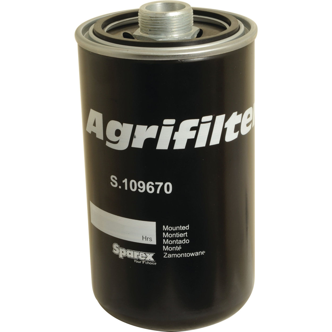 A black cylindrical filter labeled "Hydraulic Filter - Spin On | Sparex Part No. S.109670," ideal as a Massey Ferguson hydraulic filter, is a quality product from Sparex.