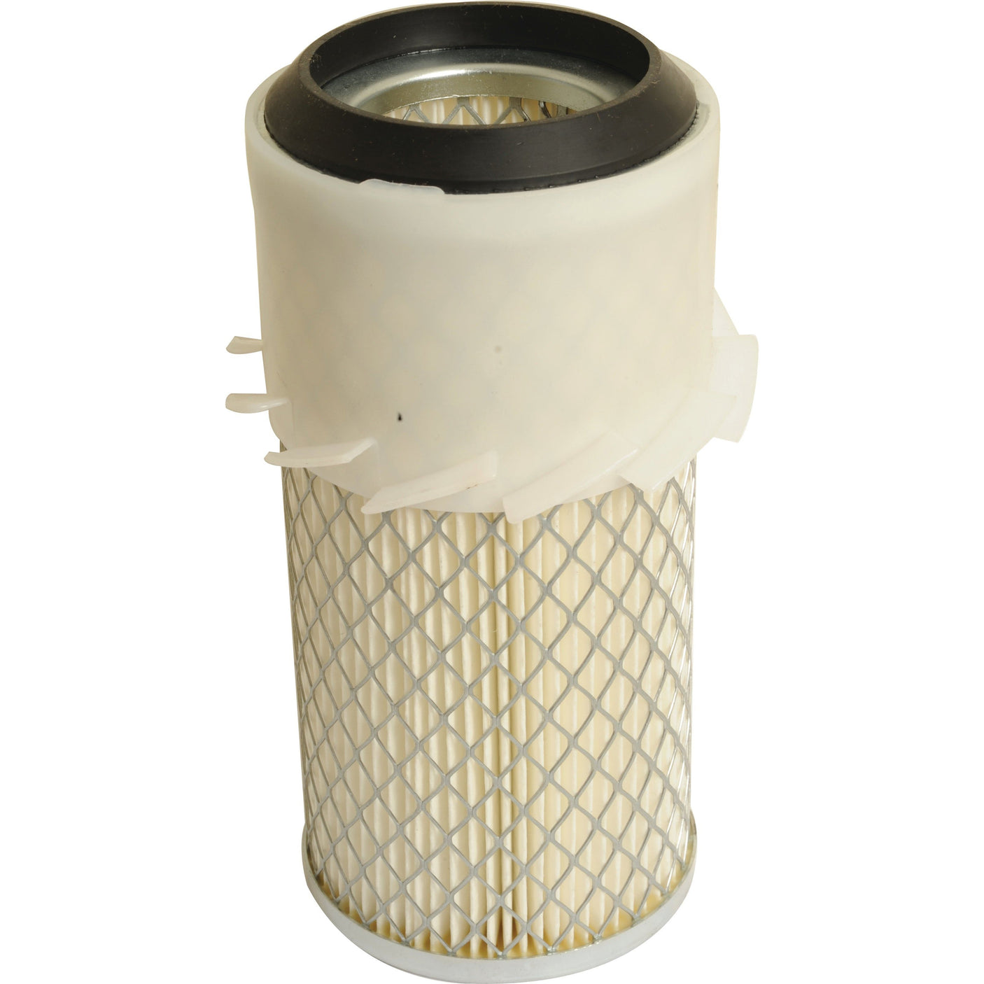 The Sparex Air Filter - Outer (Part No. S.109674) features a cylindrical design with a metal mesh exterior and white plastic frame, making it ideal for models like the Kubota B5100. It has an open end with a black rubber seal.