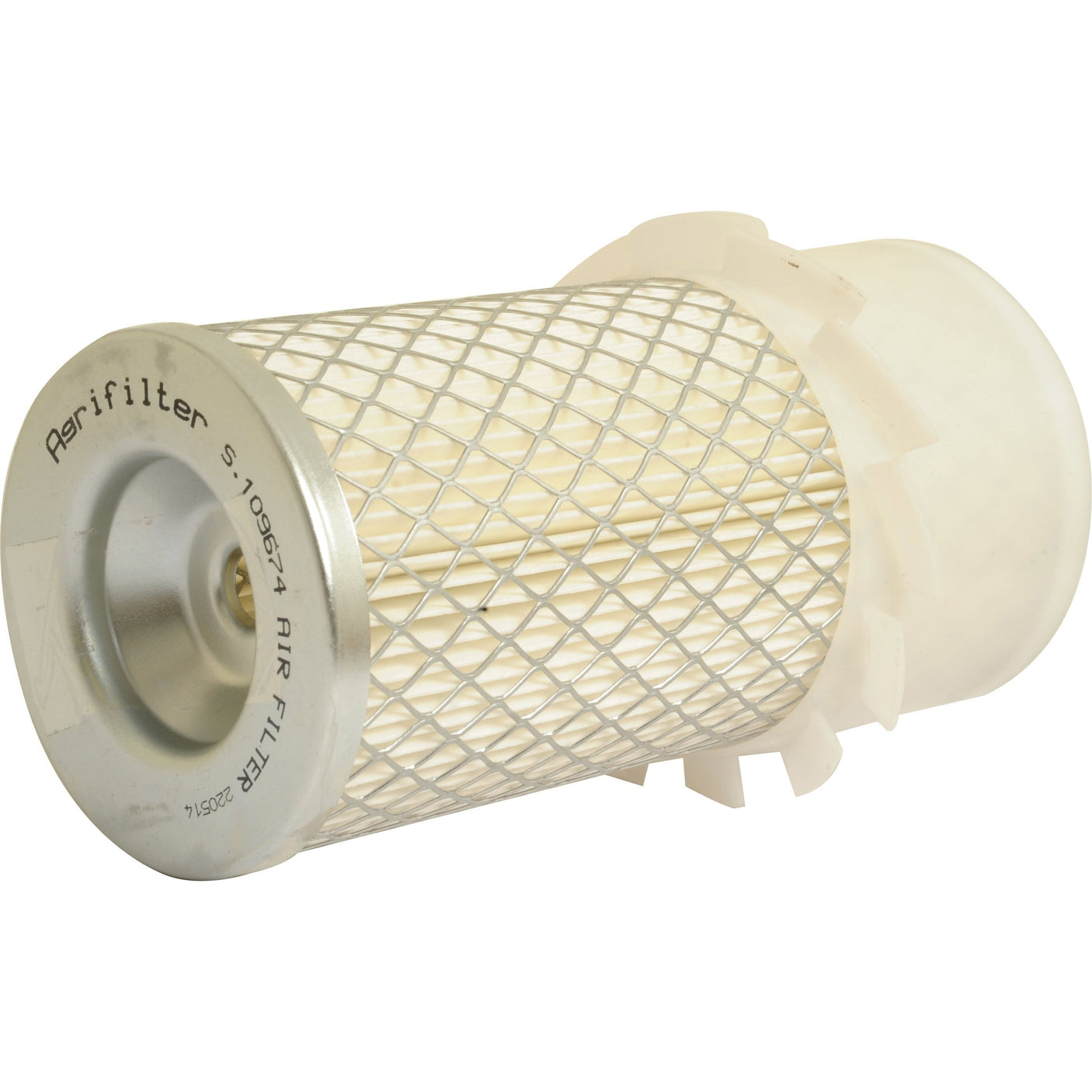 A cylindrical air filter featuring a diamond-patterned mesh exterior, a white plastic end cap, and a metallic end marked "Sparex S-109674." This Sparex air filter is suitable for models like the Kubota B5100 or Bolens G152.