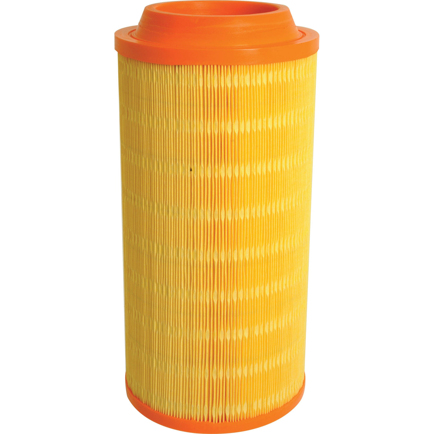 The "Air Filter - Outer | Sparex Part No.S.109675" by Sparex features a cylindrical design with yellow pleated paper and orange rubber caps on both ends, ideal for John Deere and Deutz-Fahr AGROTRON machinery.