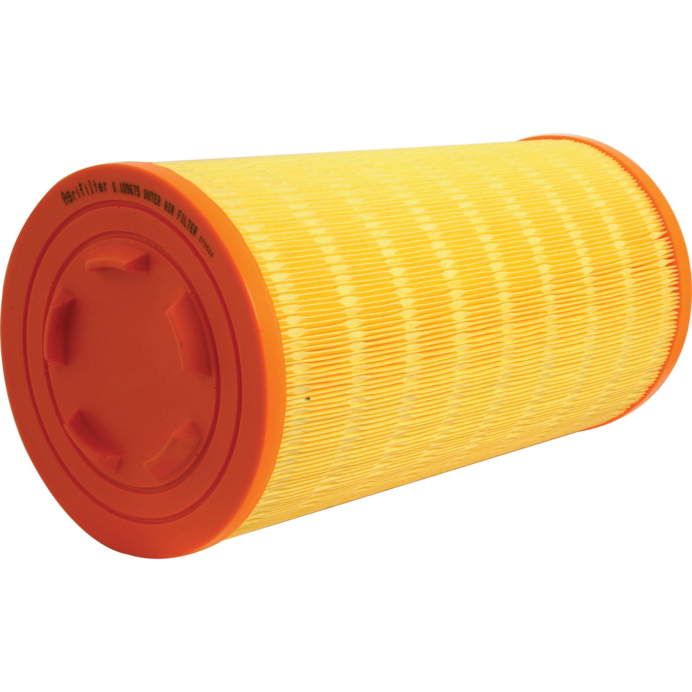 A Sparex Air Filter - Outer (Sparex Part No. S.109675) features an orange cap and yellow pleated material designed for capturing particulates, compatible with John Deere and Deutz-Fahr AGROTRON vehicles.