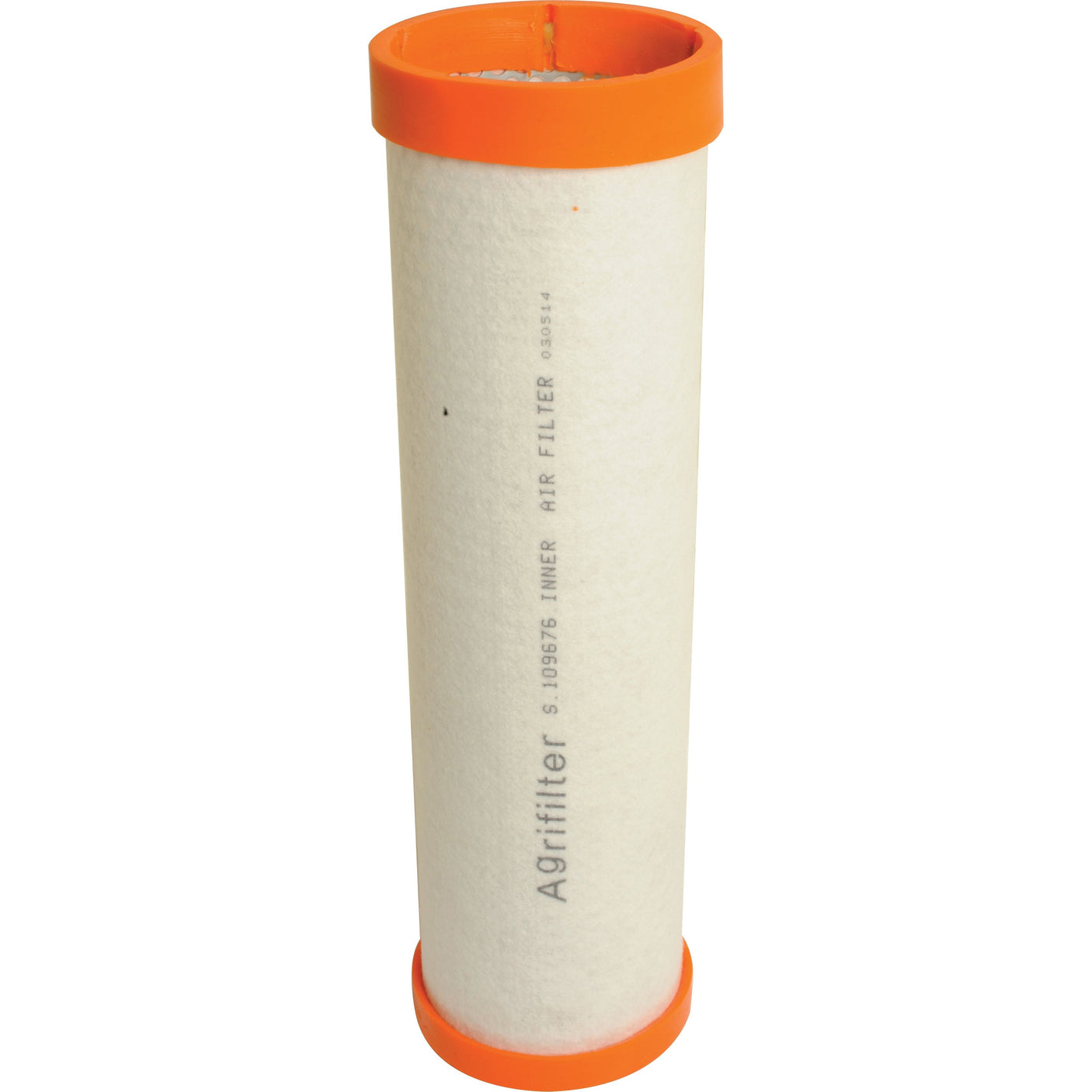 The Sparex Air Filter - Inner (Sparex Part No. S.109676) features orange end caps and has "Agrifilter" printed in grey on its white cylindrical body, specifically designed to fit Deutz-Fahr AGROTRON models.