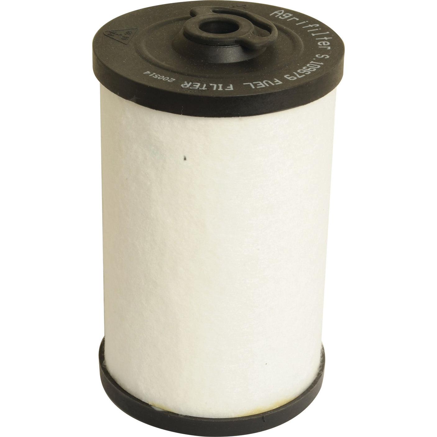 Cylindrical white fuel filter with black top and bottom, labeled with text, suitable for Claas JAGUAR machinery; Product Name: Fuel Filter - Element | Sparex Part No.S.109679 from the brand Sparex.