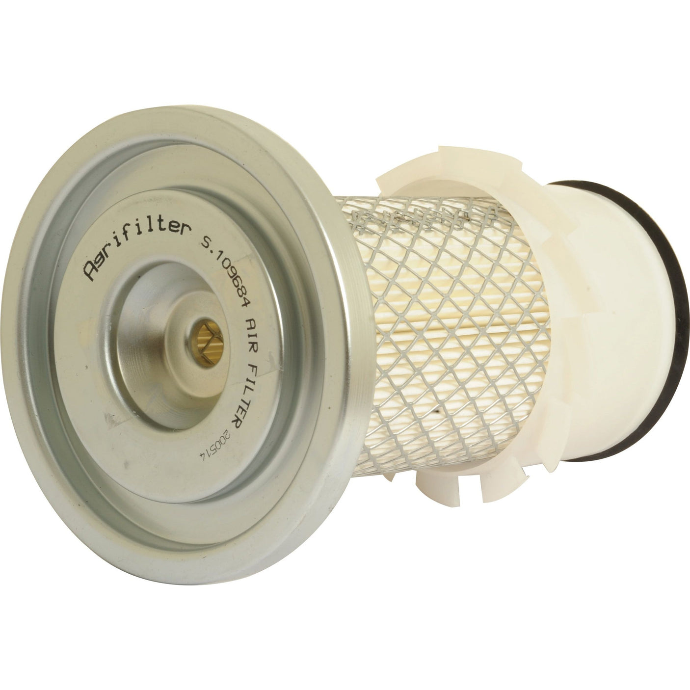 A cylindrical air filter with a metal mesh exterior, labeled "Sparex Air Filter - Outer, Part No. S.109684," featuring metallic ends and a white plastic component.