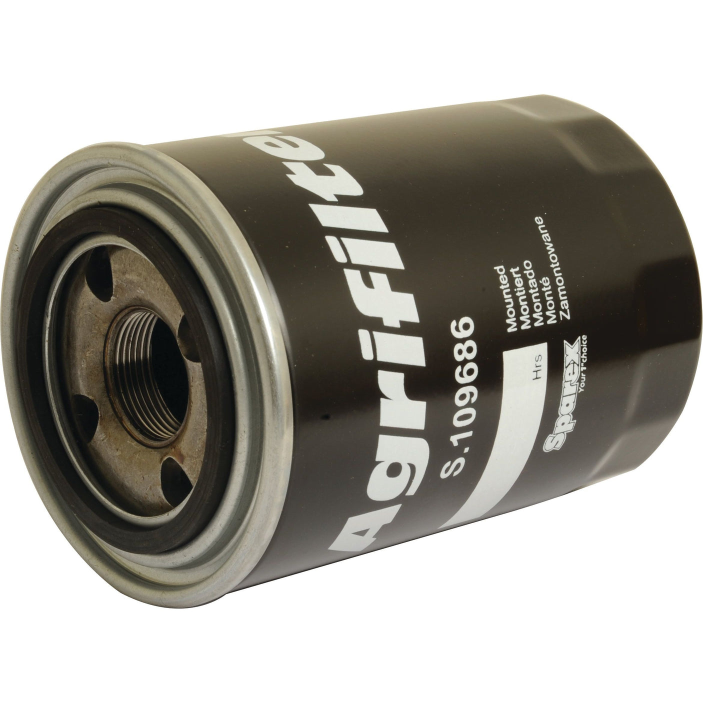 A cylindrical black oil filter with white text showing the brand "Sparex" and model number "S.109686." This hydraulic filter matches AGCO 303498409 specifications and is compatible with Ford New Holland.