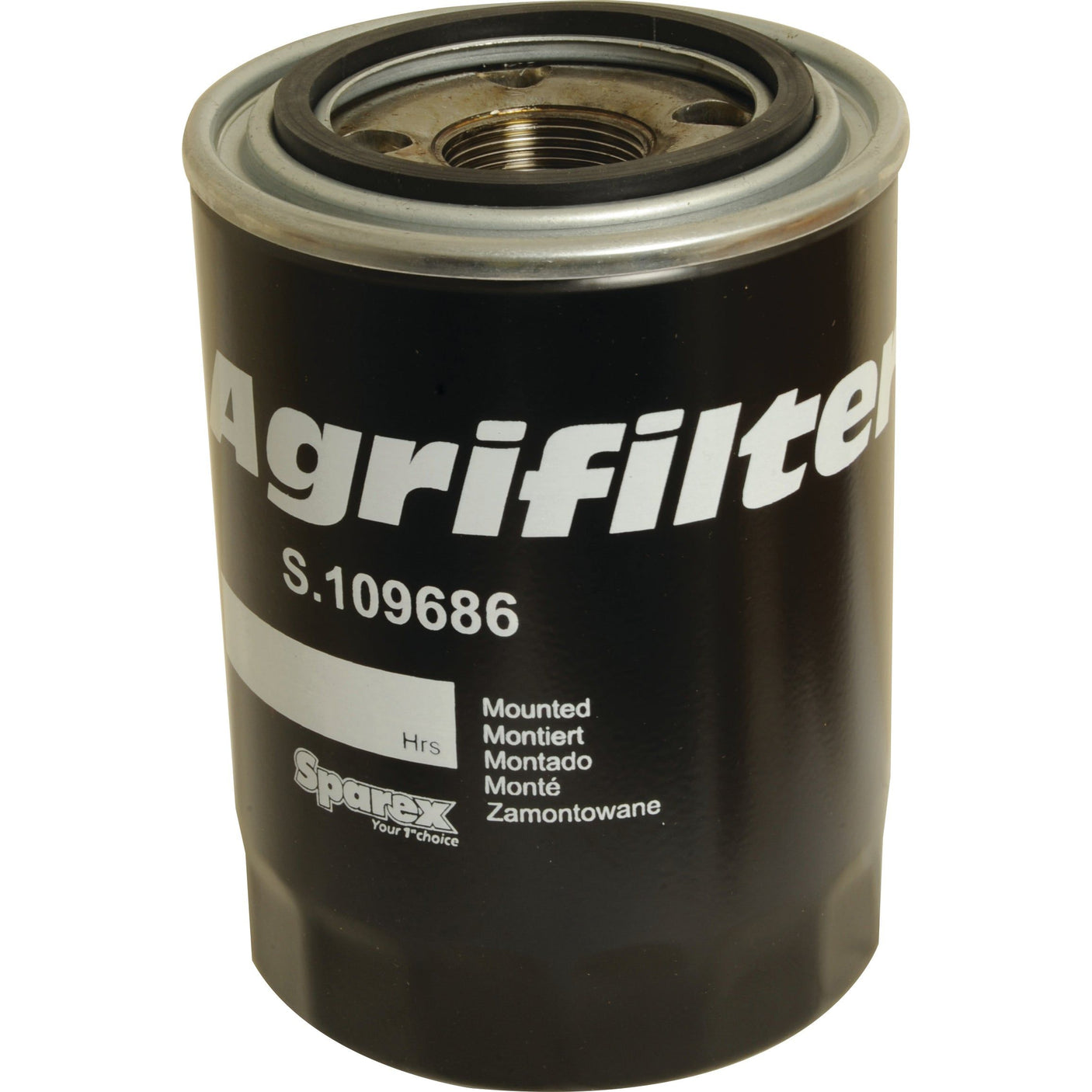 A black cylindrical oil filter, model S.109686 from the brand Sparex, functions as a hydraulic filter. It features multilingual text such as "Mounted," "Montiert," "Montado," "Monté," and "Zamontowane." This Spin On filter is compatible with Ford New Holland and comparable to AGCO 303498409.