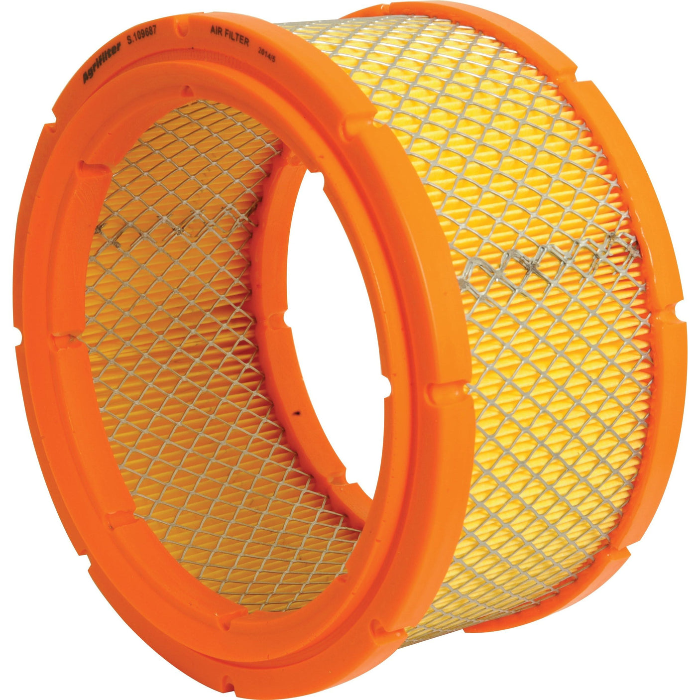 The Air Filter - Outer by Sparex (Part No. S.109687) is an orange cylindrical air filter with a robust metal mesh exterior and a pleated, yellow paper filter inside. Ideal for David Brown tractors, it ensures efficient filtration and long-lasting performance.