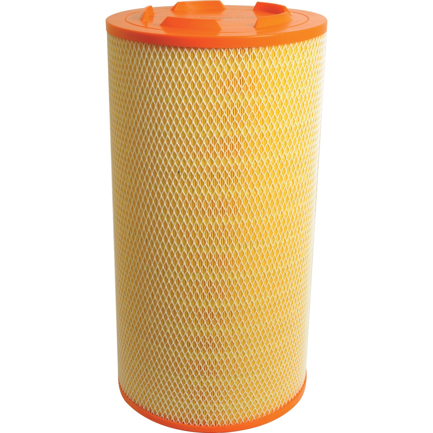 A Sparex Air Filter - Outer (Part No. S.109690) for the Claas LEXION series, featuring a cylindrical shape with a yellow mesh, an orange end cap on top, and a handle for easy removal.