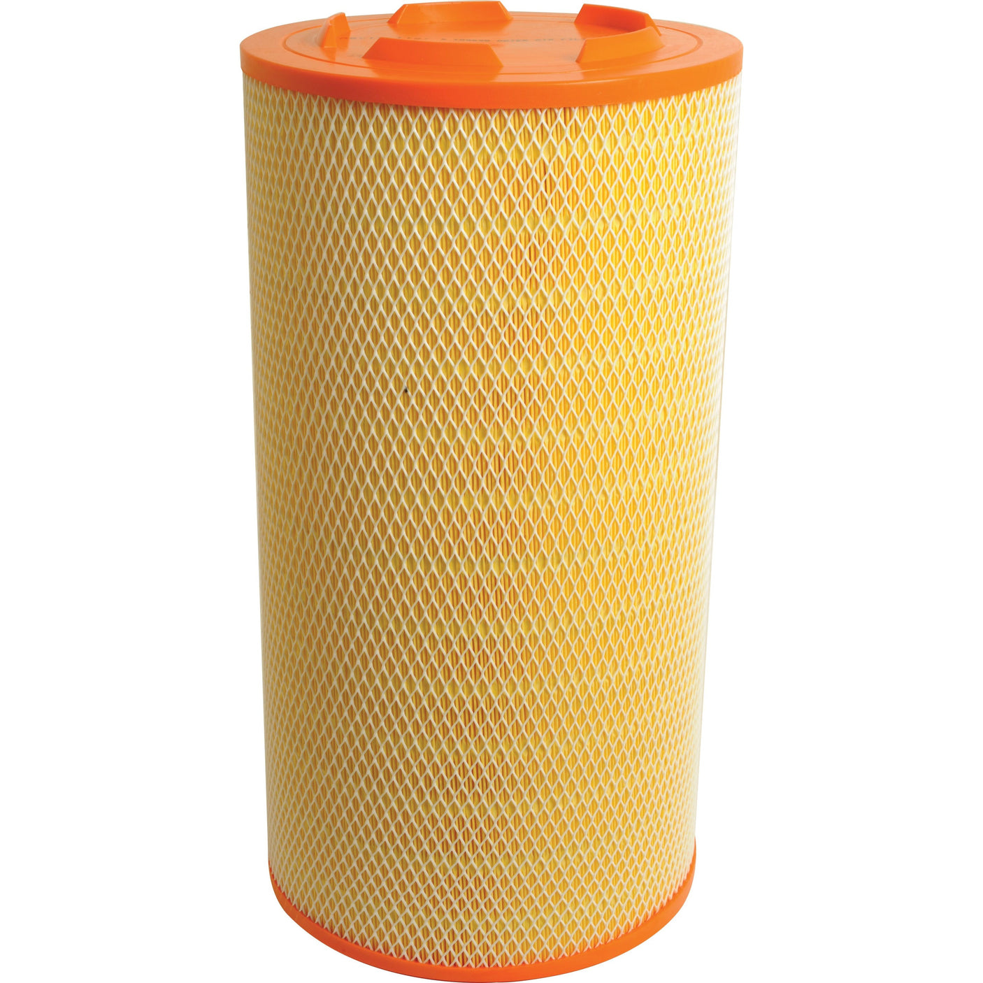 A Sparex Air Filter - Outer (Part No. S.109690) for the Claas LEXION series, featuring a cylindrical shape with a yellow mesh, an orange end cap on top, and a handle for easy removal.