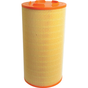 A Sparex Air Filter - Outer (Part No. S.109690) for the Claas LEXION series, featuring a cylindrical shape with a yellow mesh, an orange end cap on top, and a handle for easy removal.
