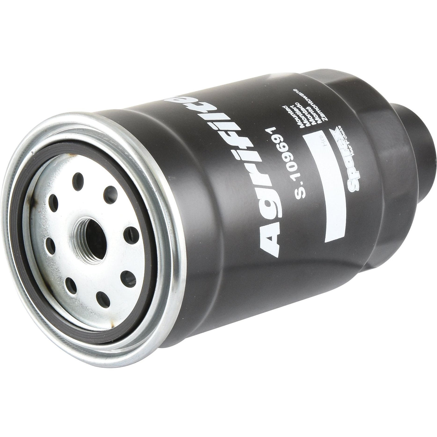 A black cylindrical fuel filter with "Sparex Agrifilter S.109691" and additional text printed on it, featuring a metal rim with holes on one end, designed for spin-on applications.