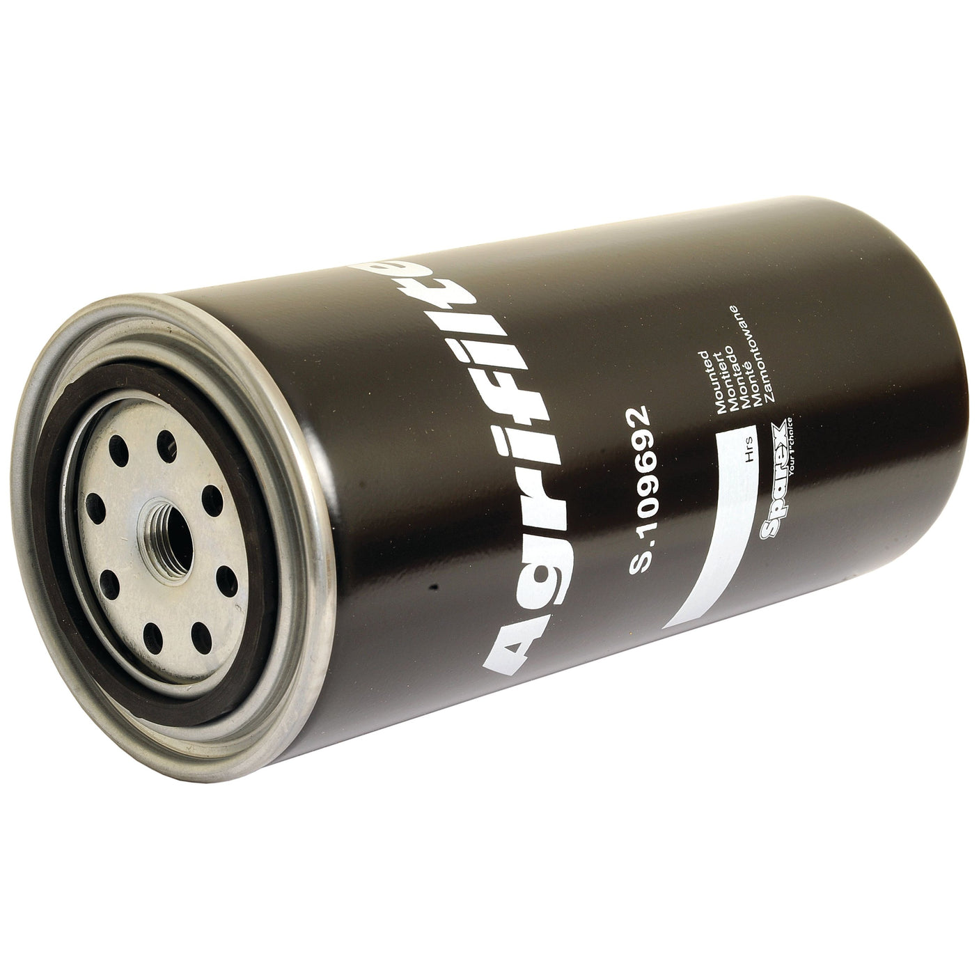 A black cylindrical fuel filter labeled "Sparex Part No. S.109692" with some additional text in white. The filter, crafted by Sparex, has a metal end with multiple small circular holes and a micron rating of 10.